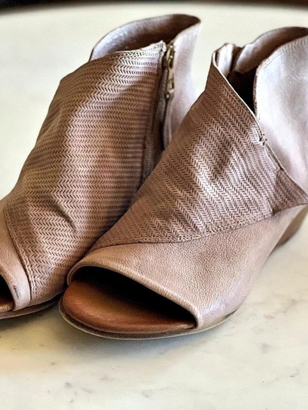 Miz Mooz “Camp” Peep-Toe Booties — Pearl/Blush US 8.5 / EU 39